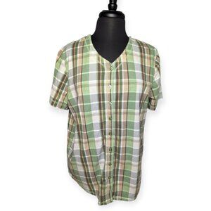 Essentials by Maggie Green Brown White Plaid Short Sleeve V-Neck Top Size 18W